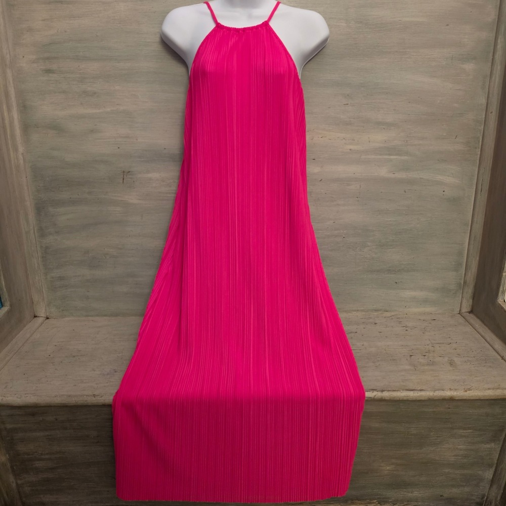 a new day Hot Pink Halter Neck Sleeveless Plisse Aline Midi Dress Medium LN